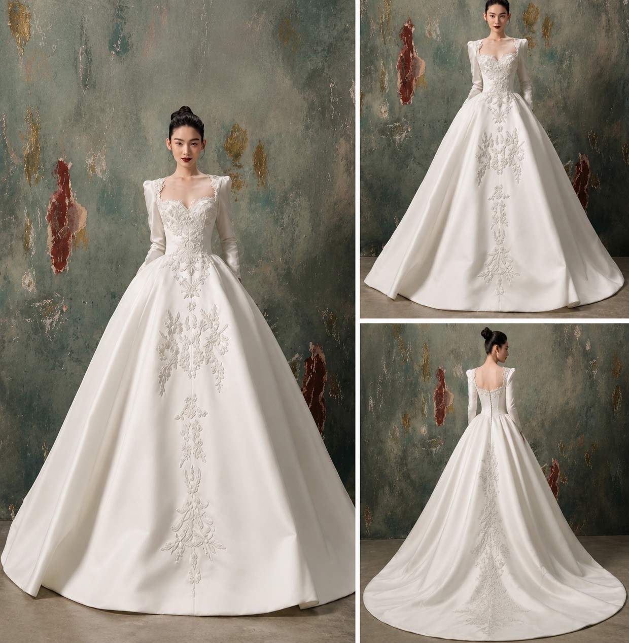 Satin Illusion FullSleeves Vintage Wedding Dresses Bridal Gown vestidos de novia