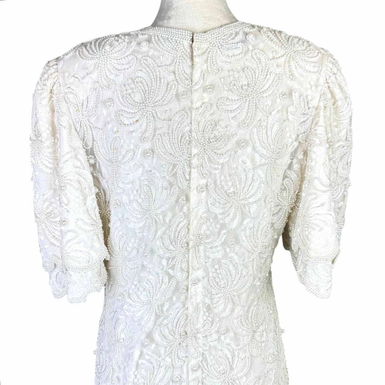 Vintage Laurence Kazar Sz 12 Full Length Pearl Beaded Lacy V Neck Wedding Dress