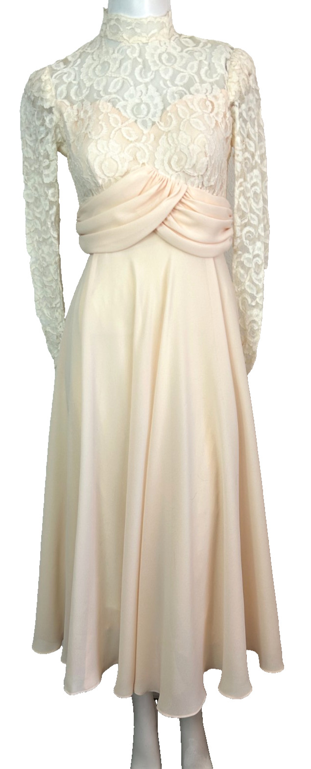 80s Ursula Switzerland Wedding Dress Size 4 Midi Peach Lace Top Chiffon VGUC