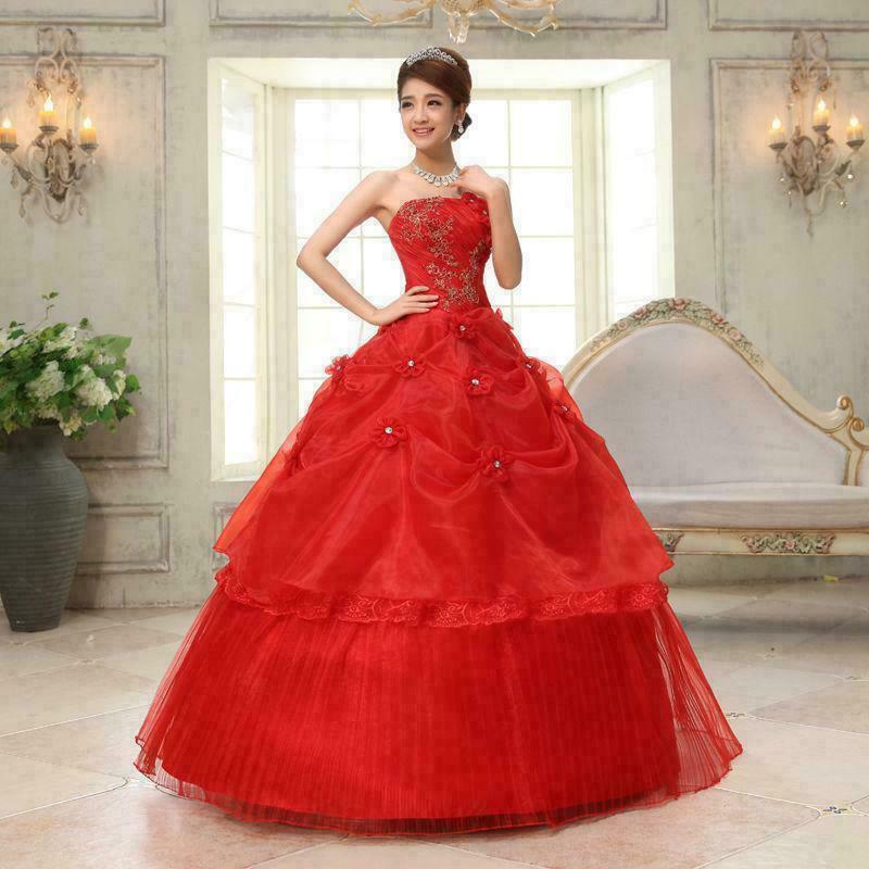 Lady Chic Floral Red Wedding Ball Gown Bride Frock Dress Strapless Elegant