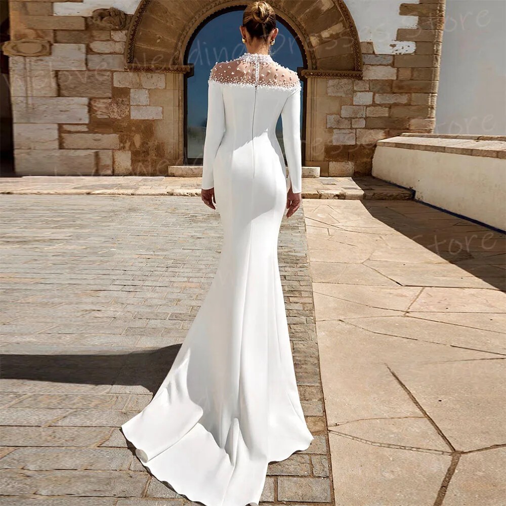 Elegant Mermaid Wedding Dresses Round Neck Long Sleeves Satin Beaded Bridal Gown