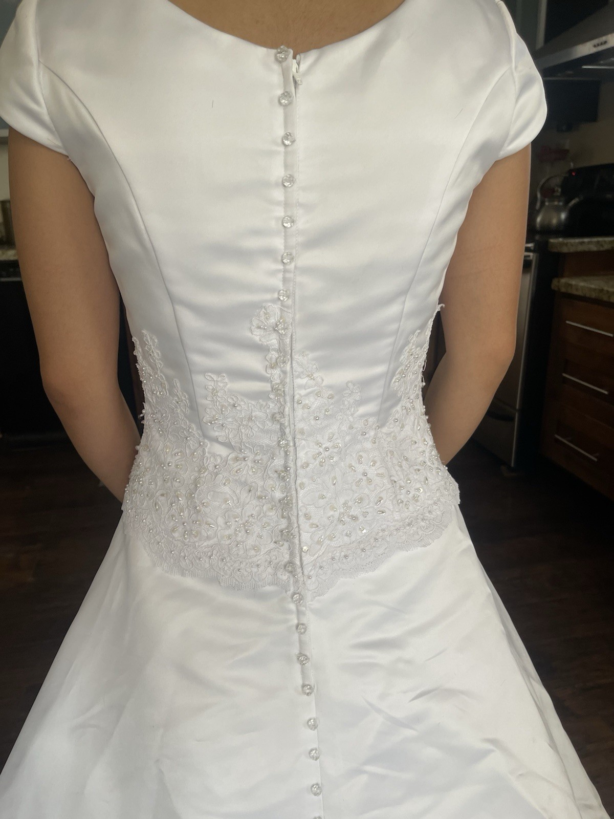 Eternity White Satin A-Line Wedding Dress Scoop Neck Cap Sleeve Lace Train 6