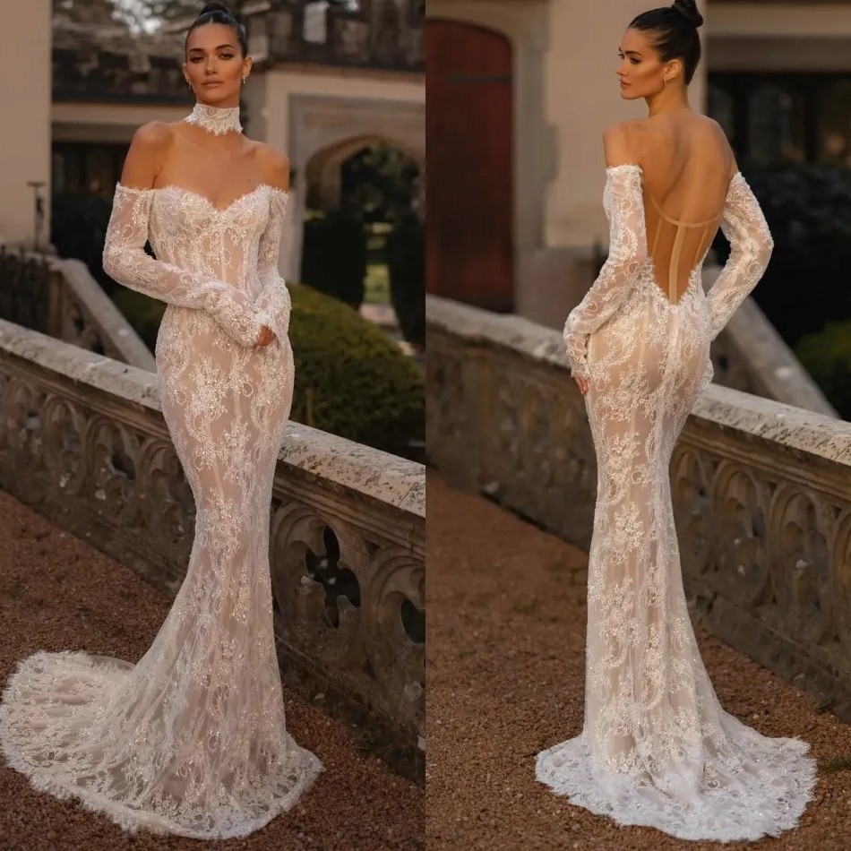 Off Shoulder Long Sleeve Lace Mermaid Wedding Dresses Choker Neck Bridal Gowns