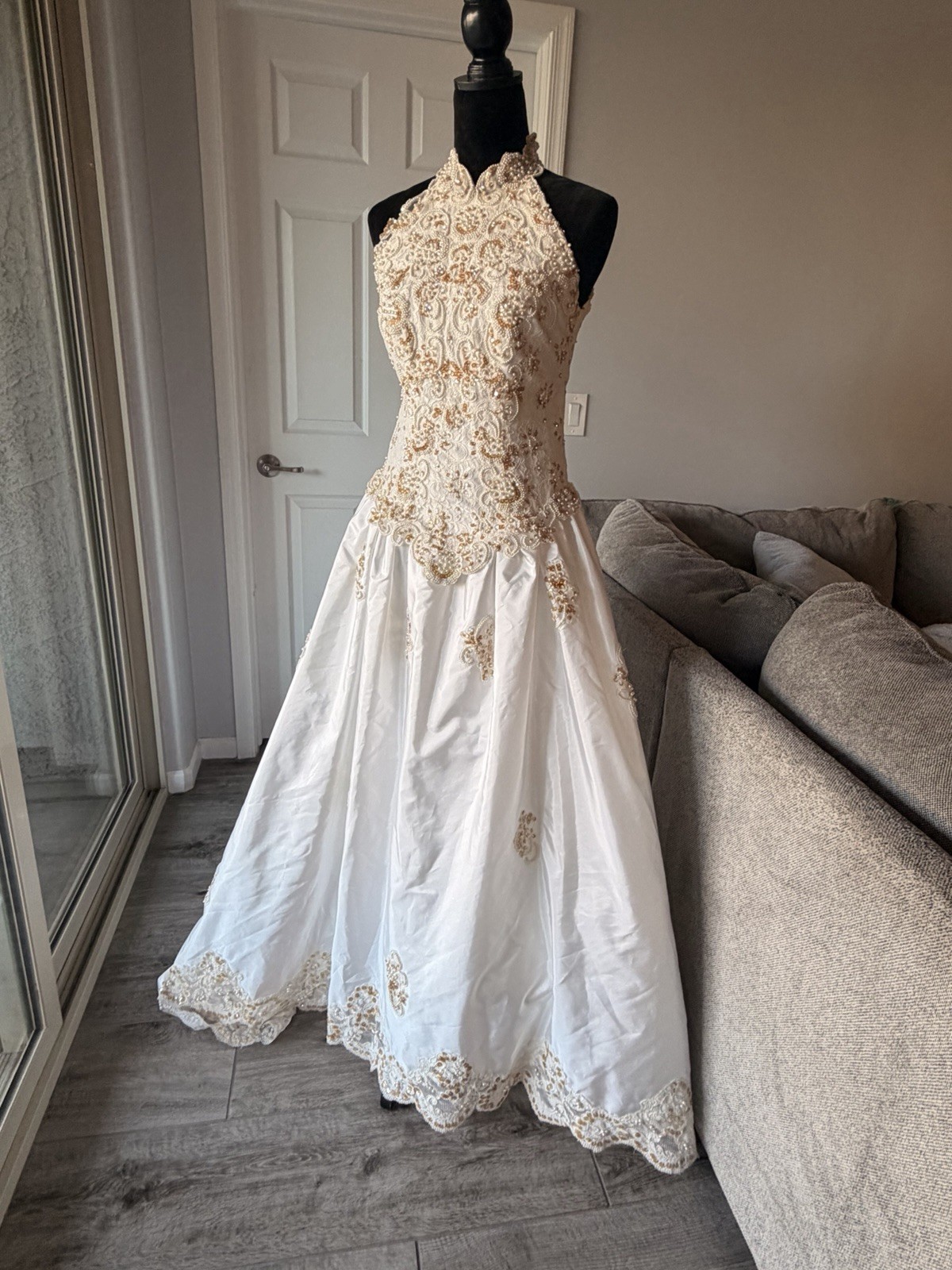 S.L. Fashions White Gold Beaded Embroidered Halter A-Line Wedding Dress Size