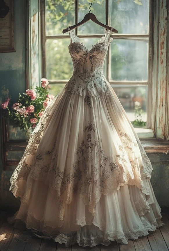 Vintage Champagne Wedding Dresses with Straps A Line Ruffles Bridal Gowns
