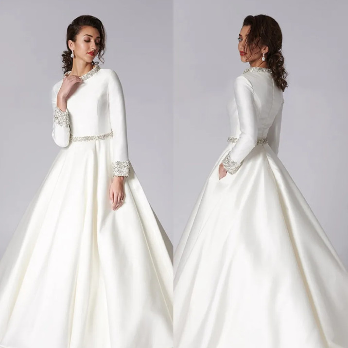 White Muslim Wedding Dresses Satin Crystal Ruched Wedding Gown Sweep Train