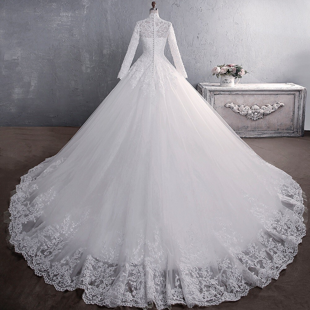 Bride Trailing Wedding Dress Women Off-white Bridal Gown Muslim Princess Frocks