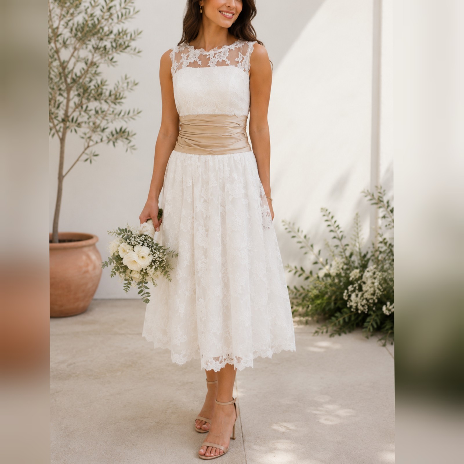 Forever yours Ivory sleeveless Alencon Lace Tea Length Wedding Dress Sz 12