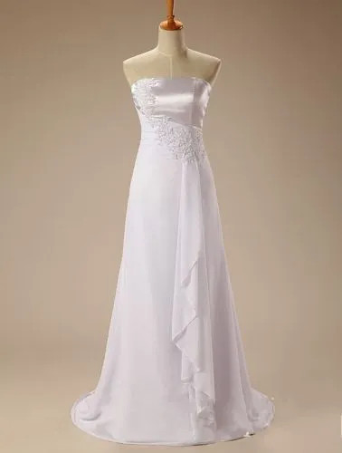 White Strapless Satin Wedding Dresses Lace Applique Chiffon Lace Up Bridal Gown