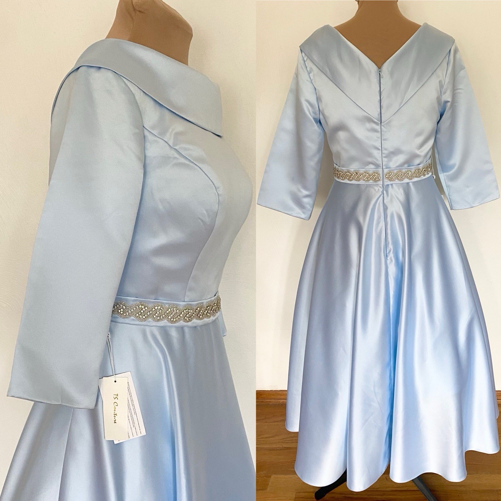 NWT LanTing Bride BLUE Satin *Large* Vintage-Inspired V-Back Retro Wedding Dress