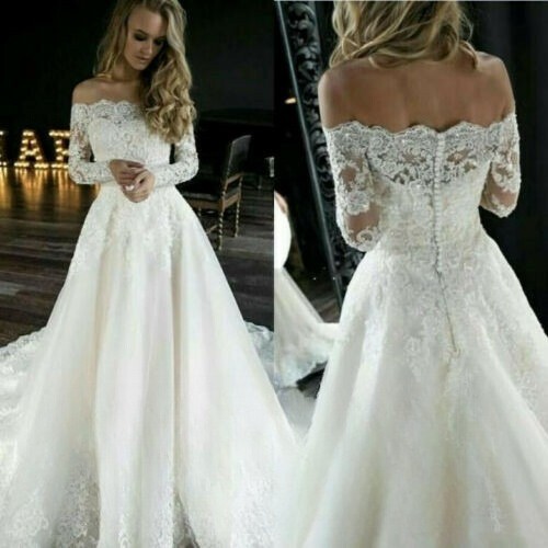 Vintage Off Shoulder A Line Long Sleeves Wedding Dresses White Ivory Bridal Gown