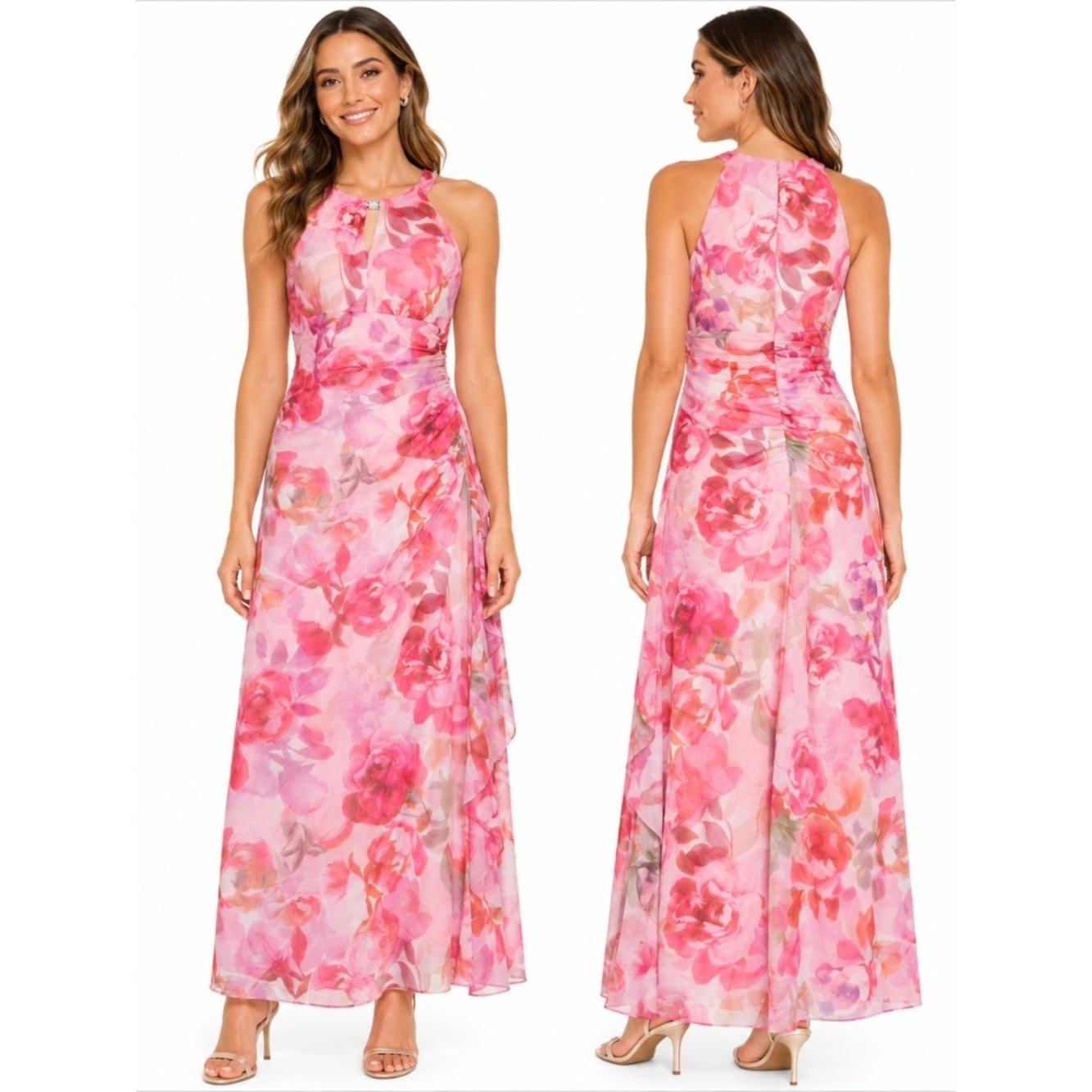 Betsy & Adam – Floral Print Gathered Sleeveless Gown
