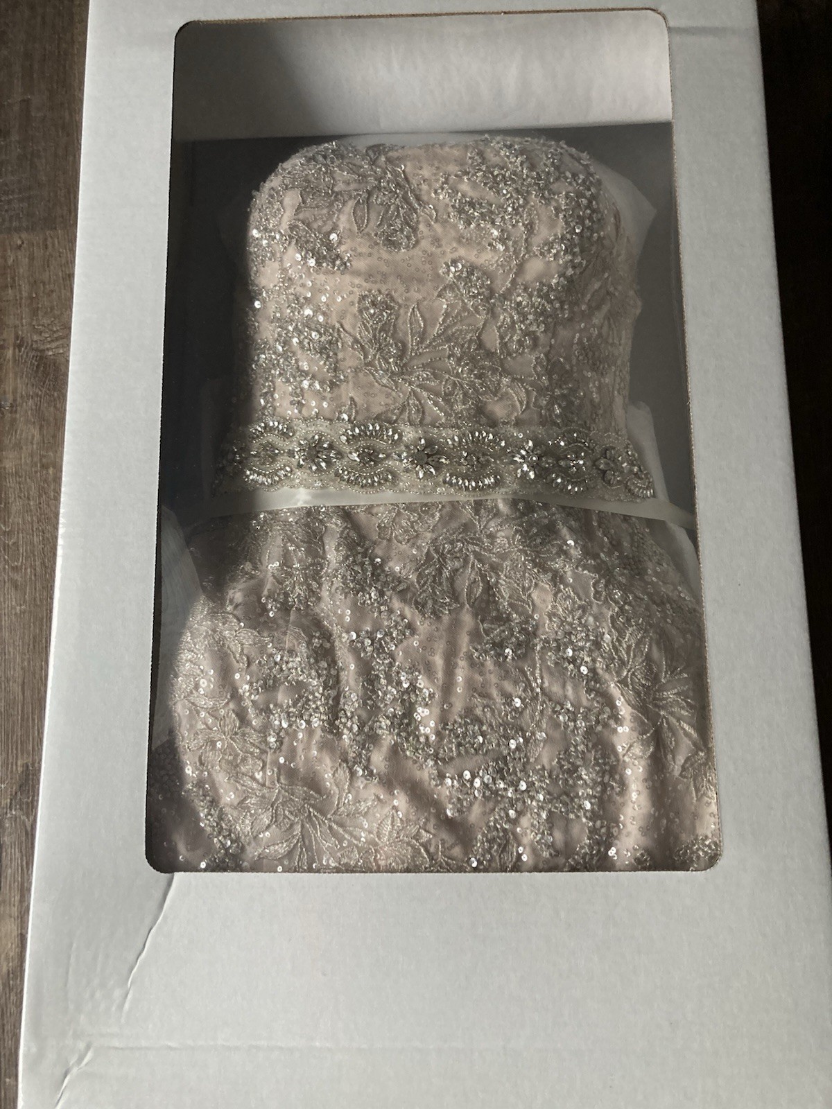 David’s Bridal Galina Signature Champagne Lace/Sequined Wedding Dress Size 8
