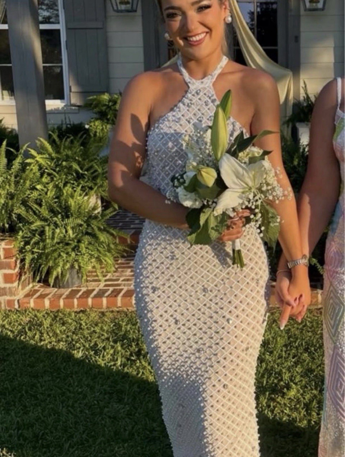 Halter Sleeveless Beaded Sequin Pearl White Full-Length Column/Sheath Dress