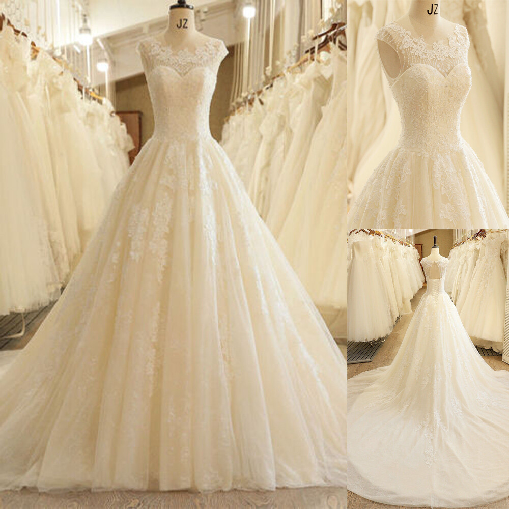 White Ivory Lace Appliques Wedding Dresses Real Photo Beading Pearls Bridal Gown