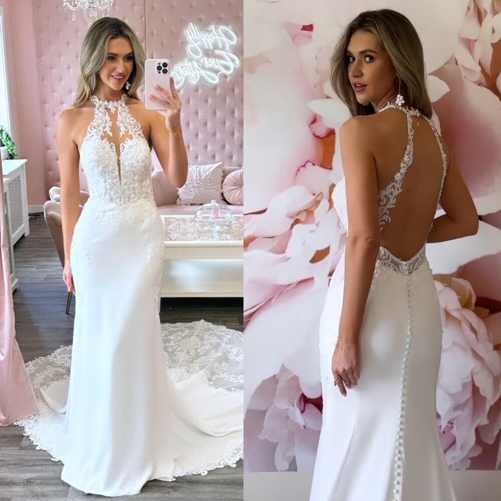 Satin Wedding Dresses Mermaid Sexy Backless Halter Neck Sweep Train Bridal Gowns