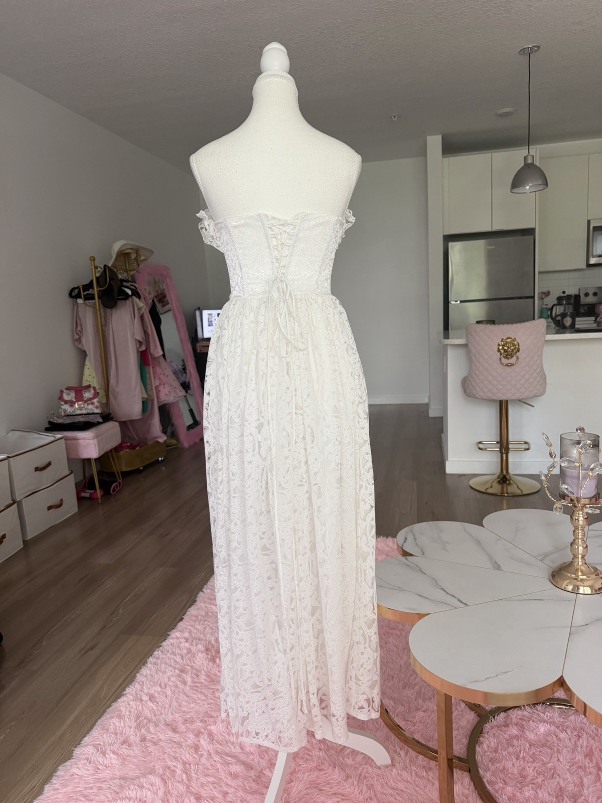 Tailored White Lace Off Shoulder Long Sleeve A-Line Full-Length Dress M