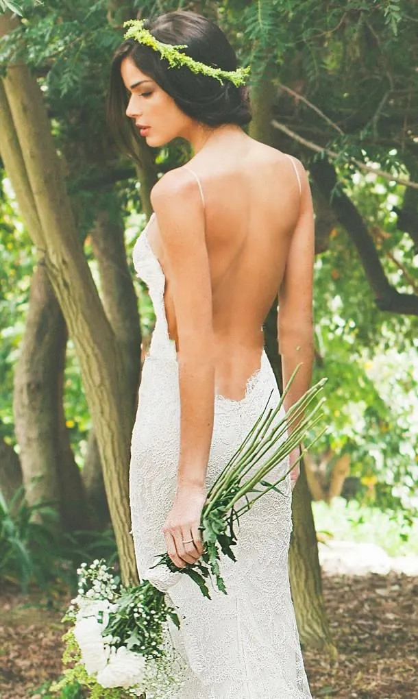 Sexy Boho Beach Lace Wedding Dress Spaghetti Straps Sheath Backless Bridal Gowns