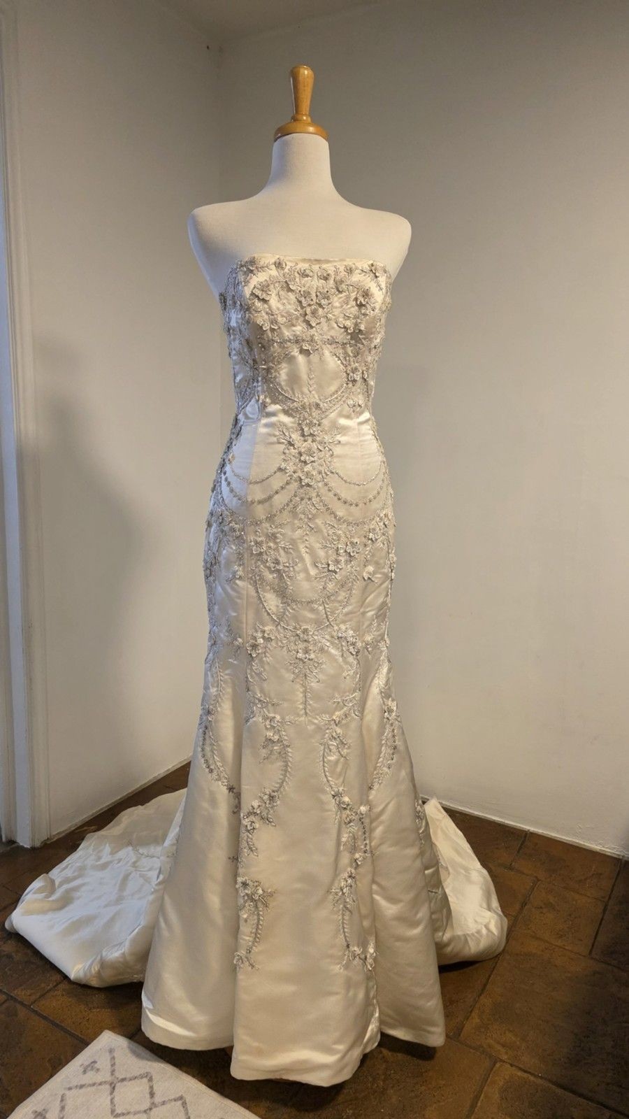 Vintage Couture Lazaro 3617 Ivory Silk Sz 10 Mermaid Beaded Wedding Dress