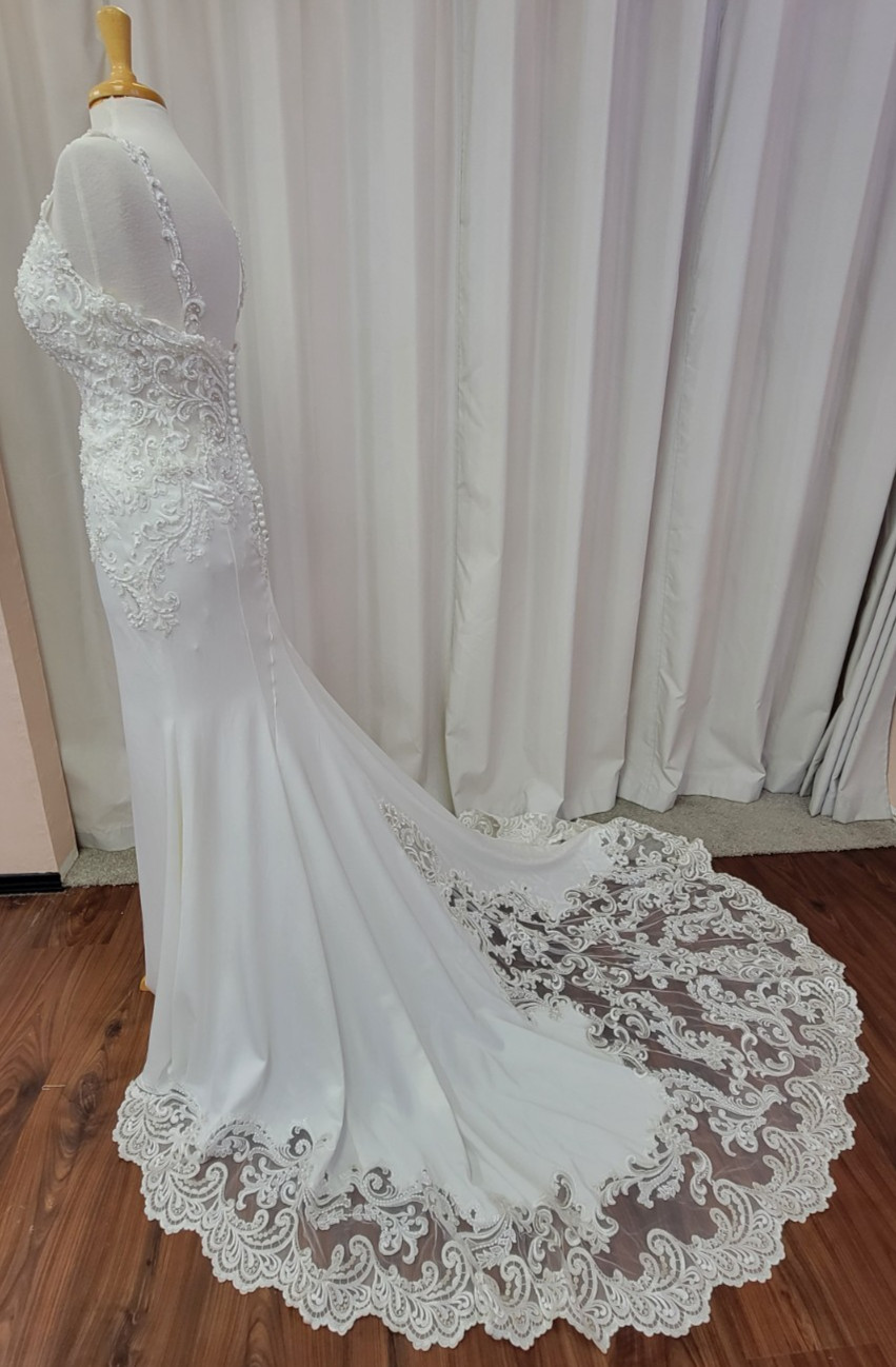 Morilee Bridal 2072L Raya Satin Fit and Flare Wedding Dress Lace Train Ivory