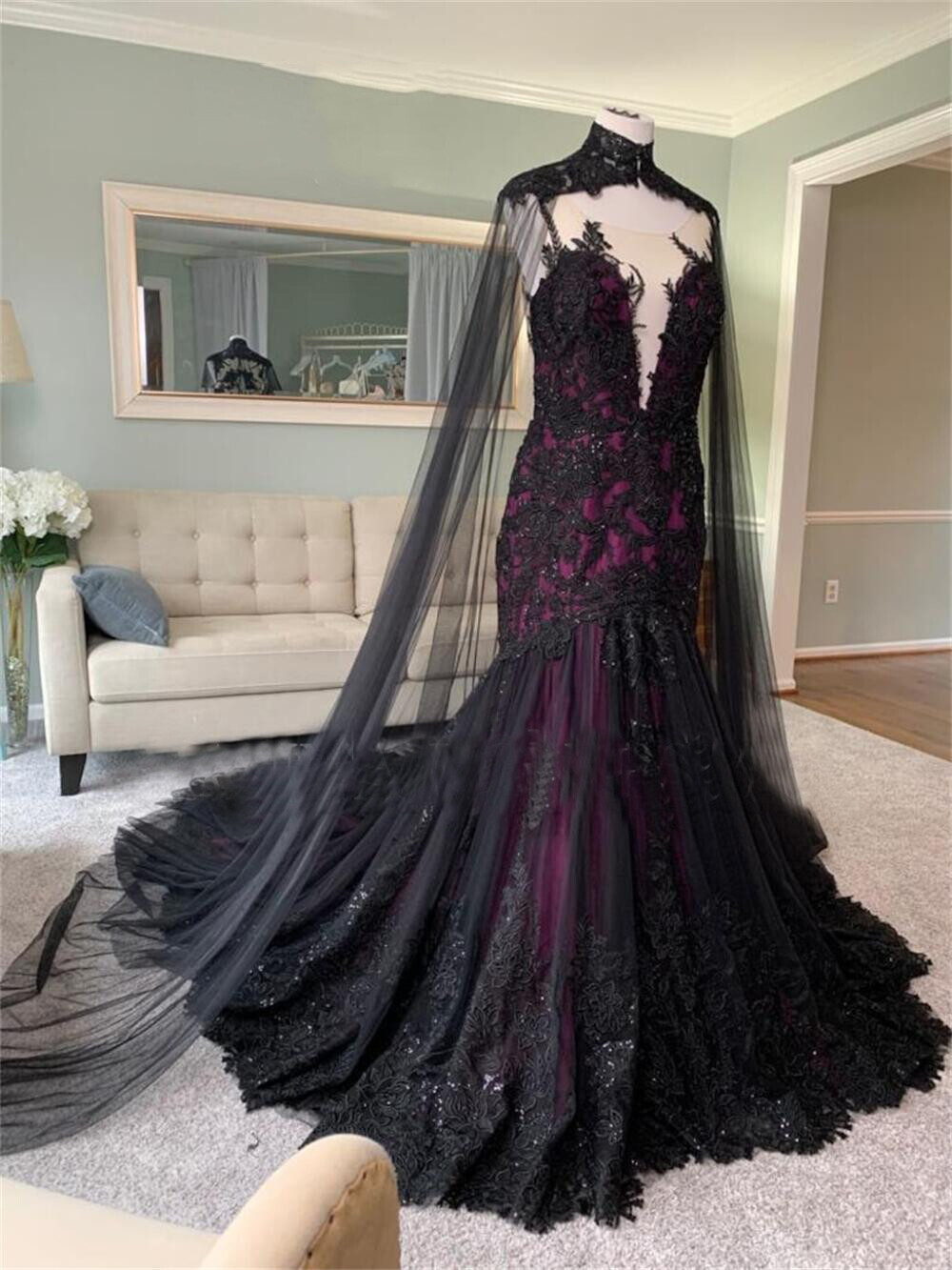 Black and Purple Wedding Dresses with Cape Gothic Mermaid Illusion Bridal Gowns