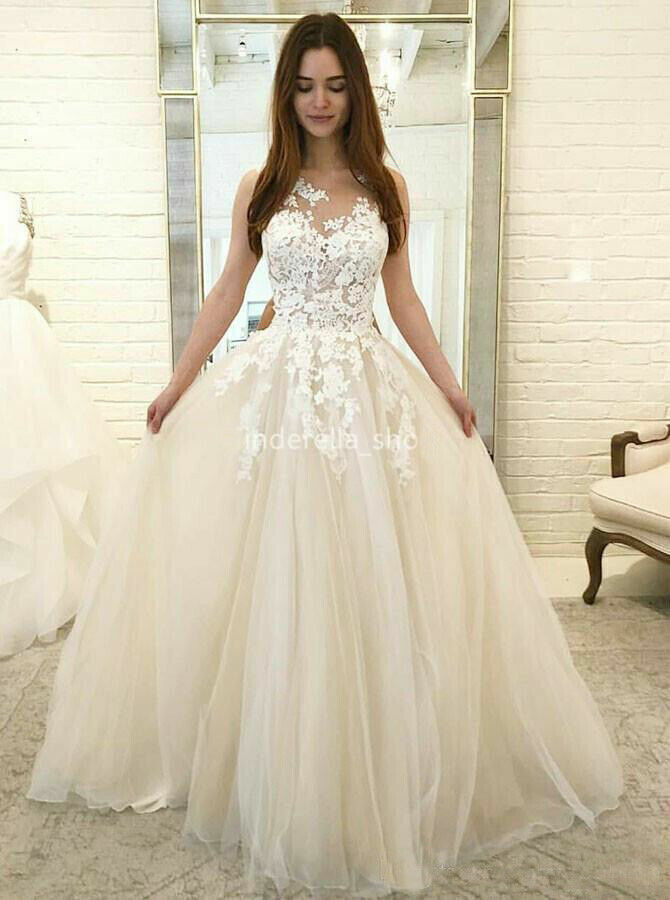 A-Line Wedding Dresses Lace Appliques Tulle Sleeveless Bridal Gowns Beach Boho