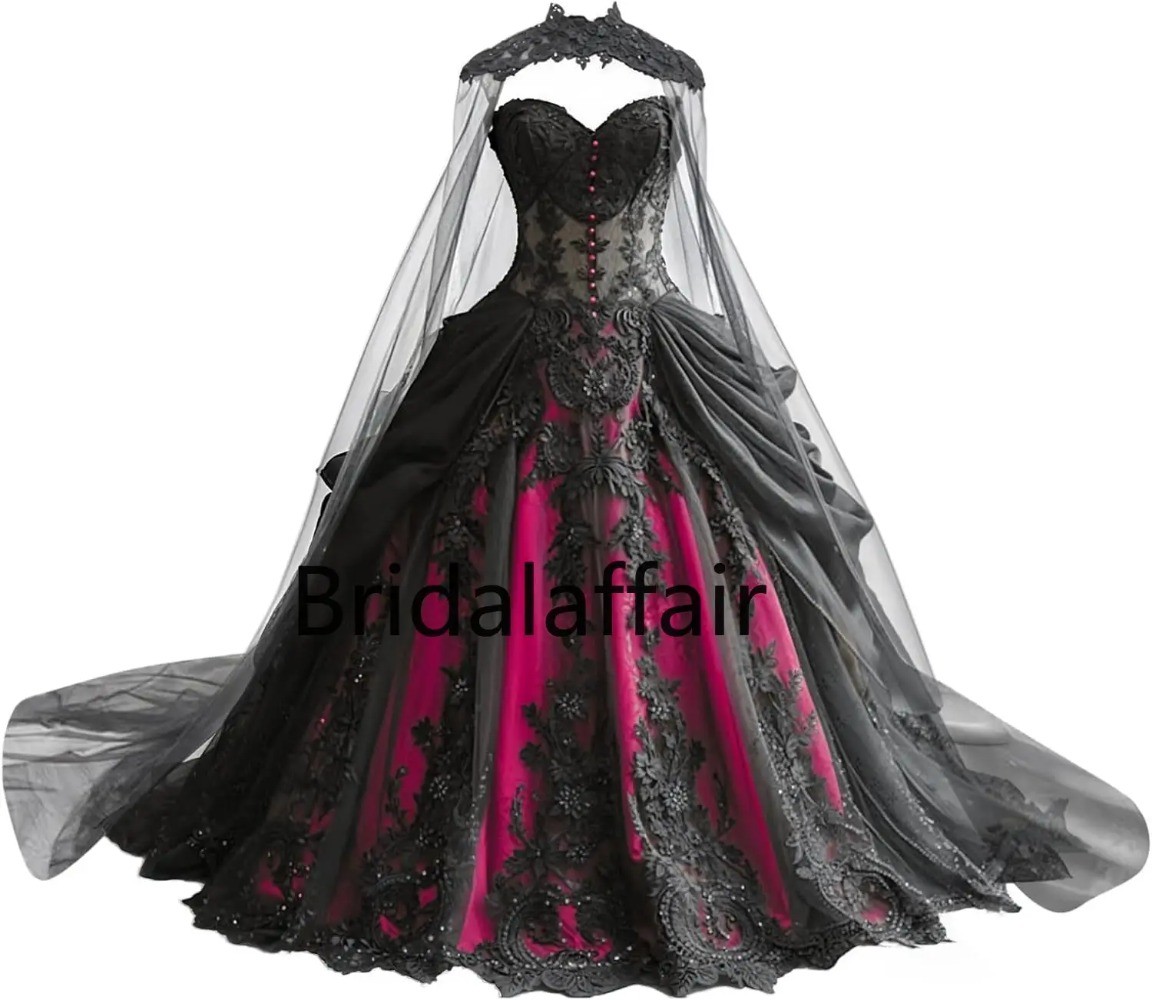 Gothic Weeding Dresses Lace Applique Bridal Dresses Tiered Tulle with Cape