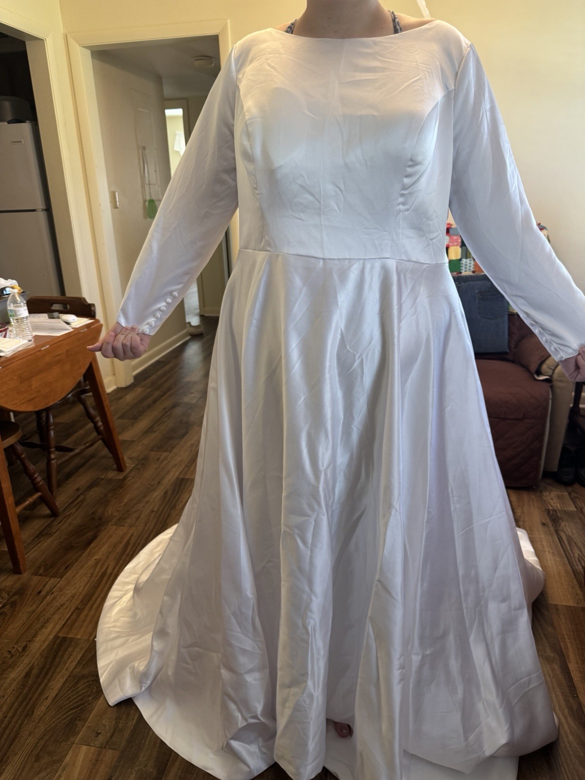 White Satin A-Line Wedding Dress 3/4 Sleeve Boat Neck Button Back Train 13/14
