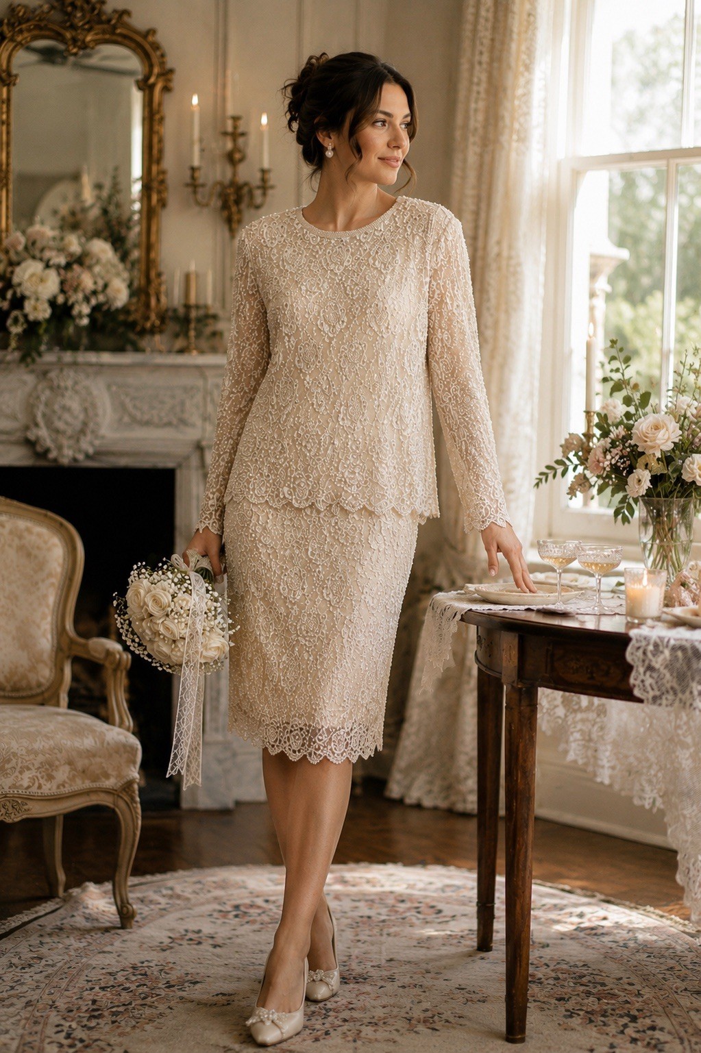 Vintage Laurence Kazar NewYork Ivory Pearl Beaded Faux 2Piece Dress XL wedding