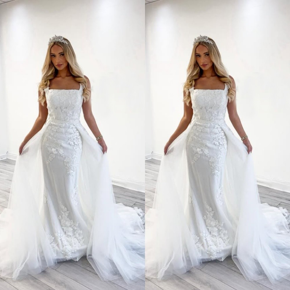 Boho Wedding Dress With Detachable Train Lace Appliques Square Neck Bridal Gown