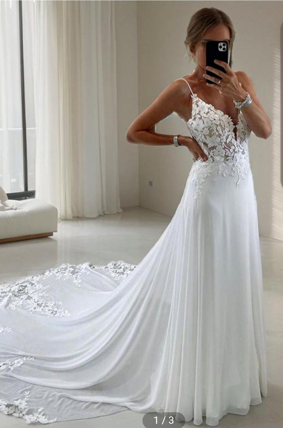 Elegant Wedding Dresses Chiffon Spaghetti Straps A Line Lace Bridal Gowns