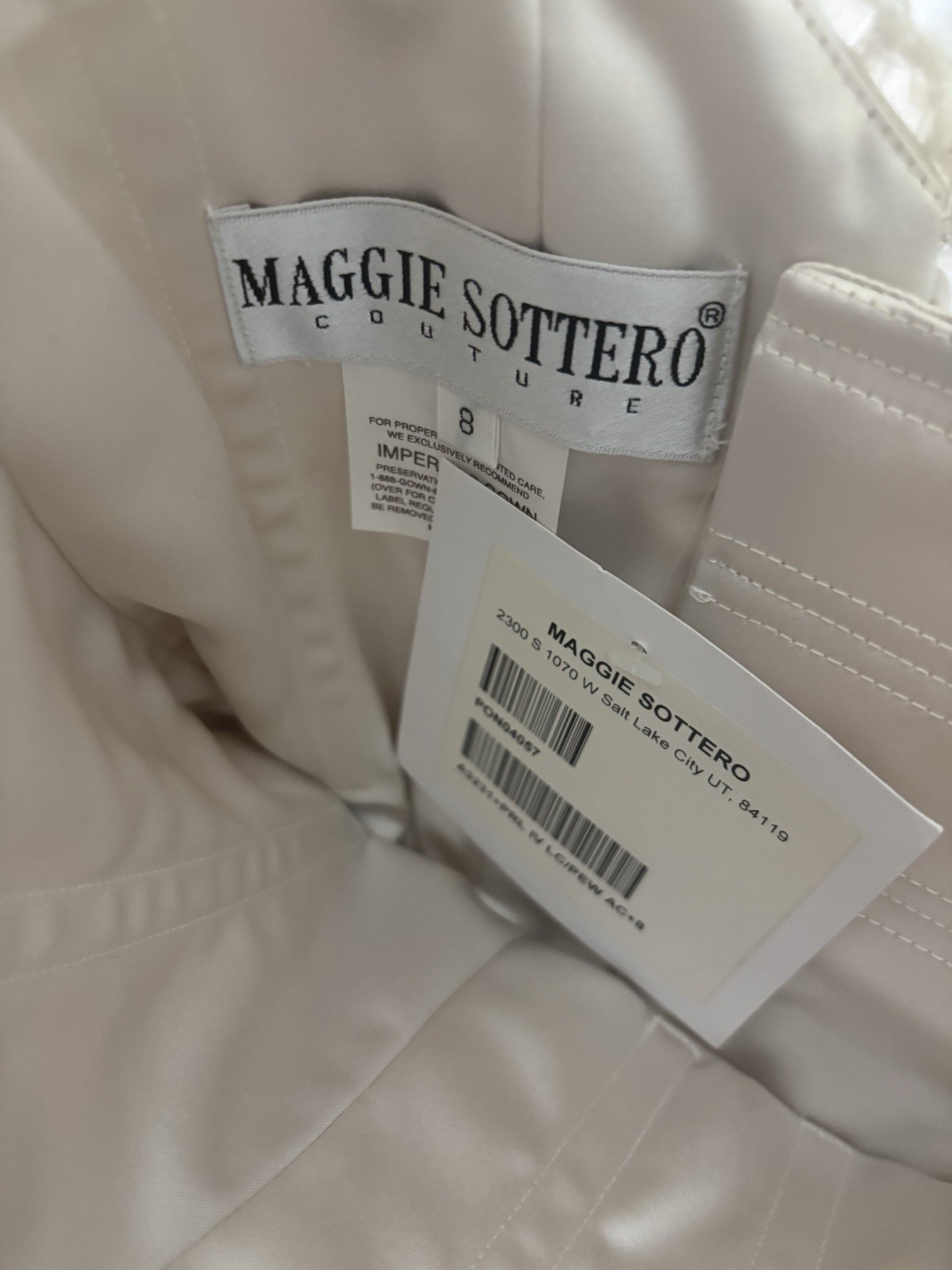 Carla, Maggie Sottero, Strapless Satin Wedding Dress w/ Beaded Bodice and Train