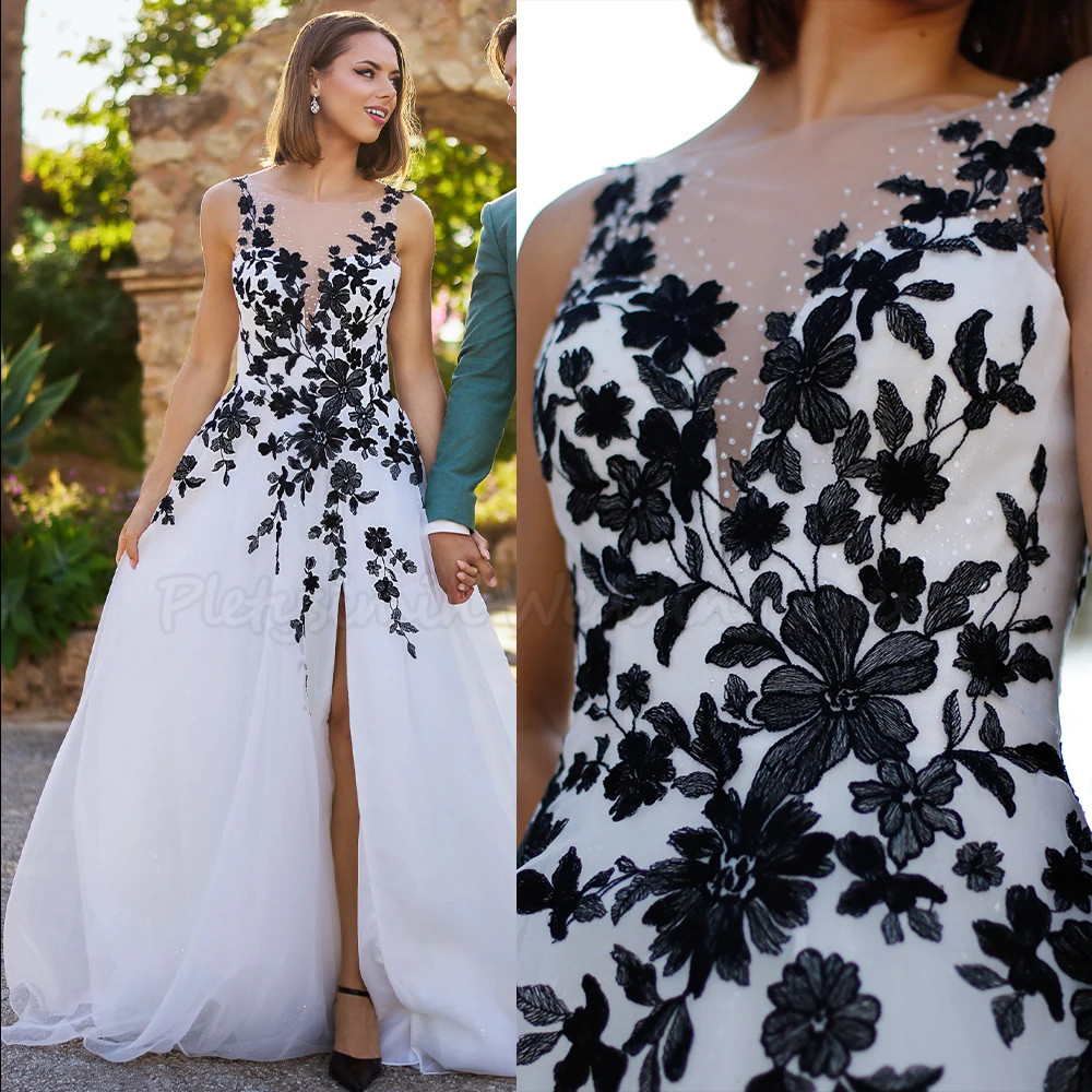 Vindal Boho Gothic Wedding Dress High Split Floral Tulle Bridal Gown A-Line