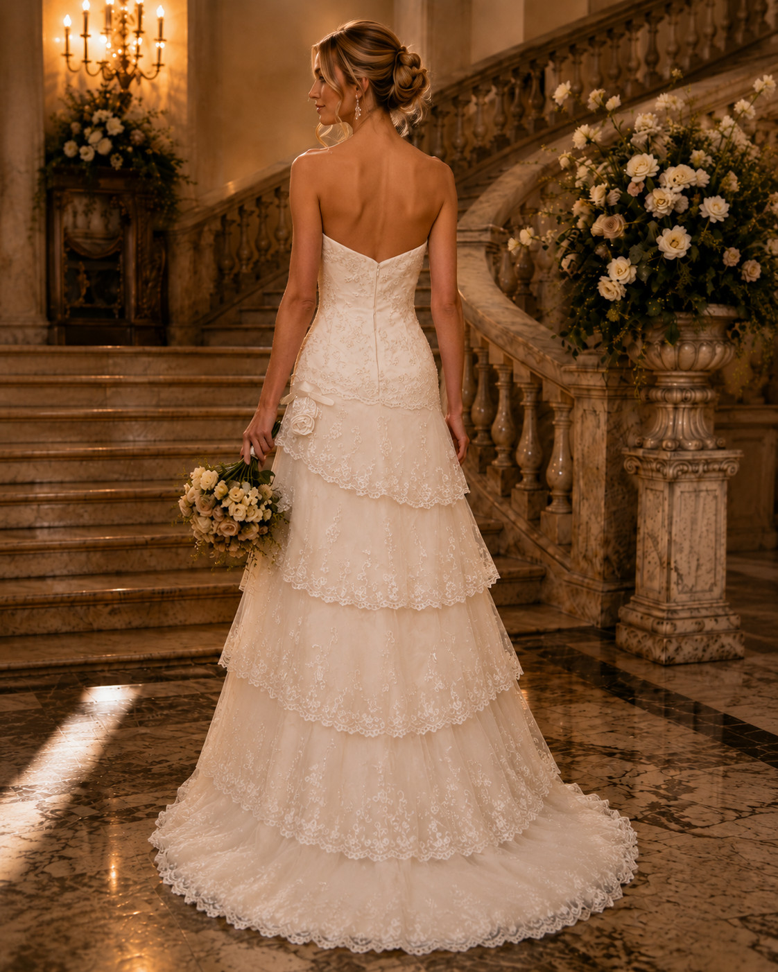 Casablanca Wedding Dress 12 Champagne Gold Asymmetrical Tiers Lace Romantic