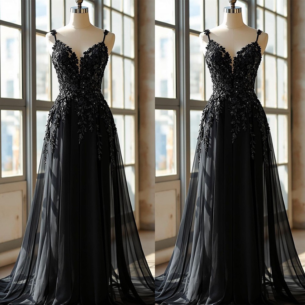 Gothic Wedding Dresses Black Sweep Train Spaghetti Straps Corset Bridal Gowns