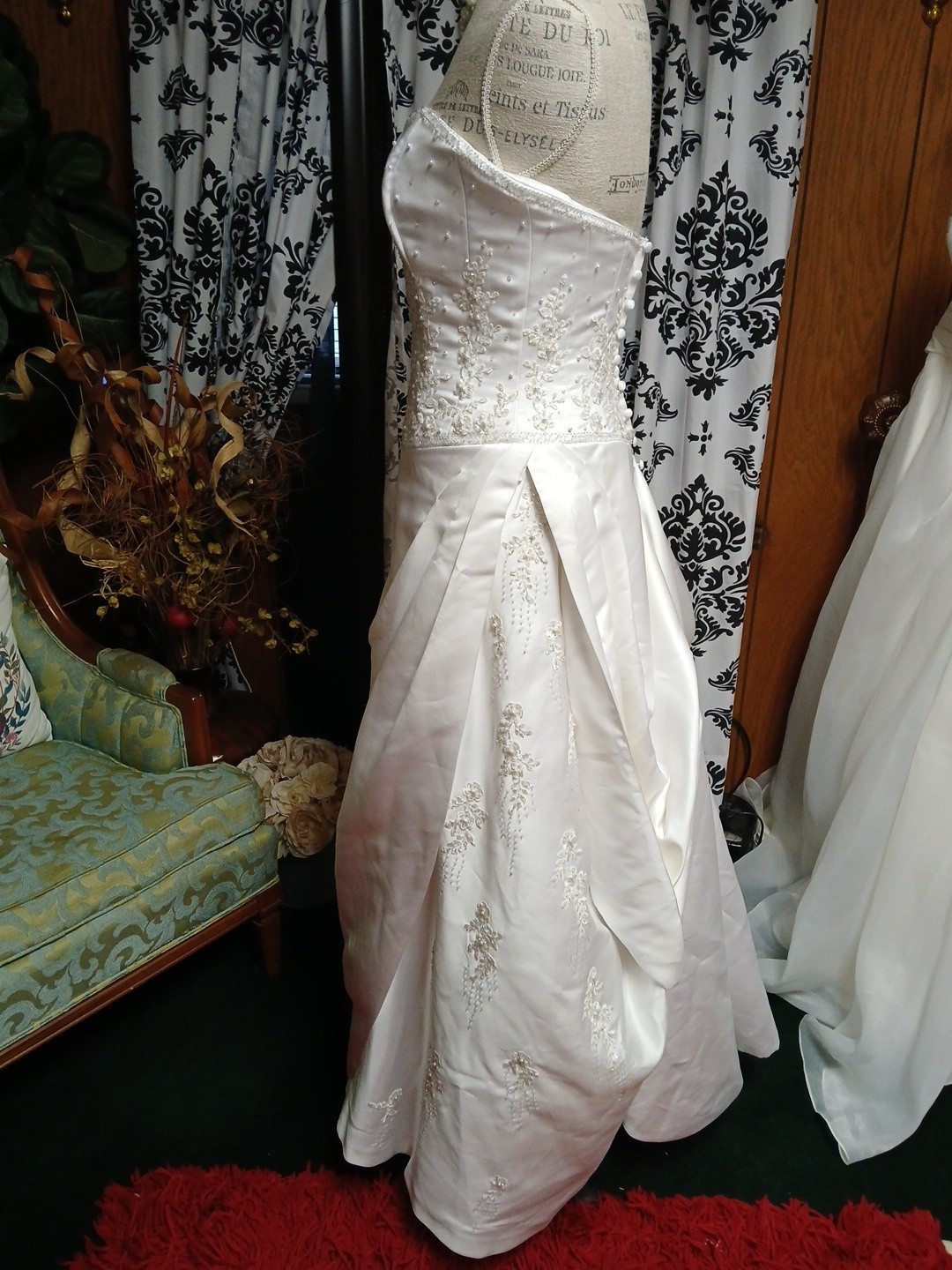 White Satin Strapless Beaded Bodice With Draped Detailing Wedding Dress 8