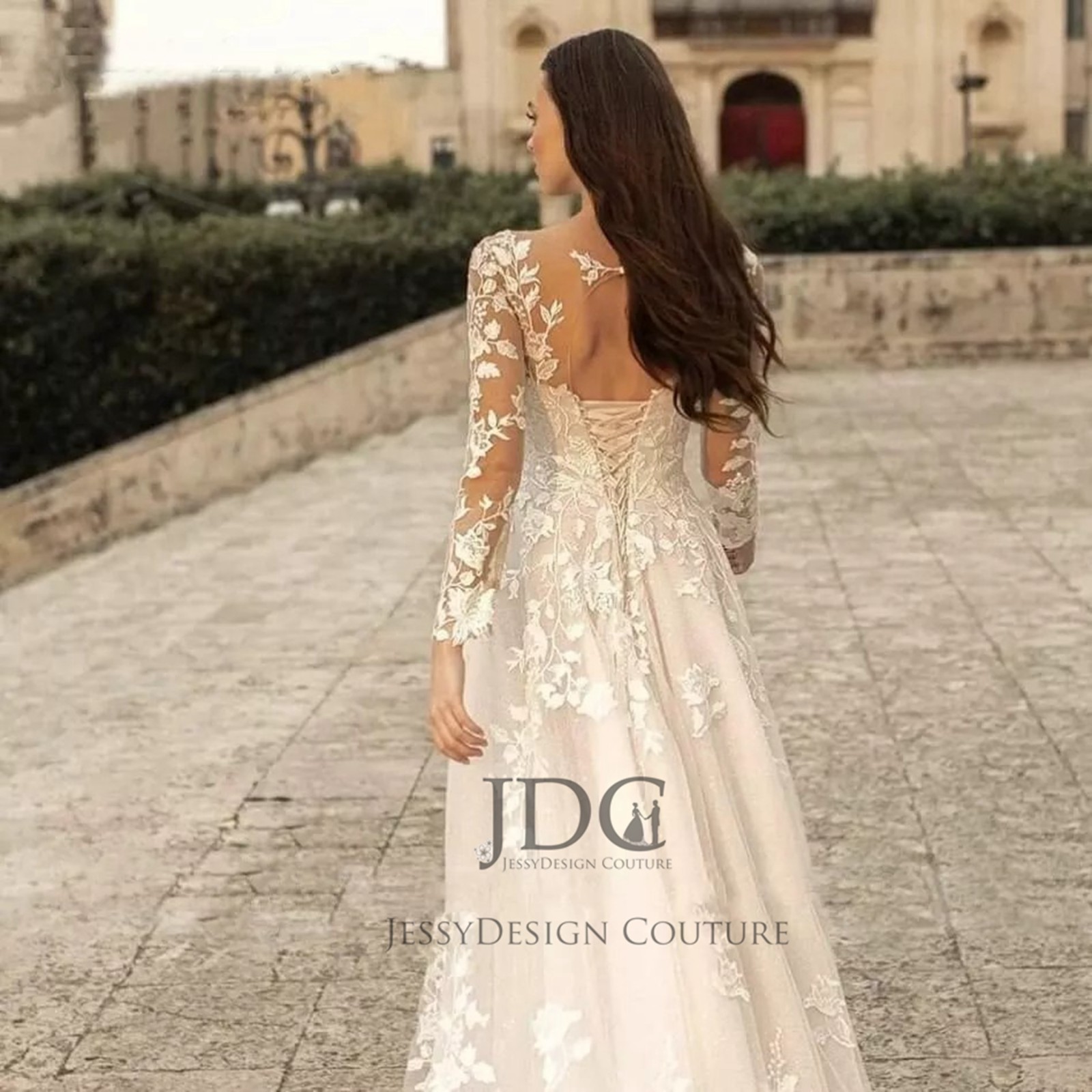Ivory Long Sleeve Floral Lace Wedding Dress Wedding Dress 32-60 Lace Up A-Line Top