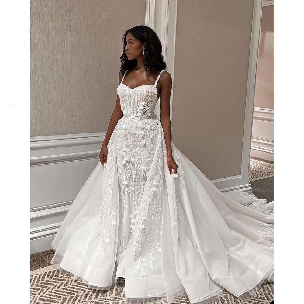 Luxury Mermaid Wedding Dresses Spaghetti Straps Detachable Train Bridal Gowns