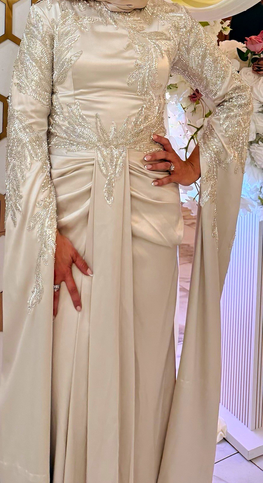 Ivory Satin Long Sleeve High Neck Embroidered Beaded A-Line Full-Length Dress