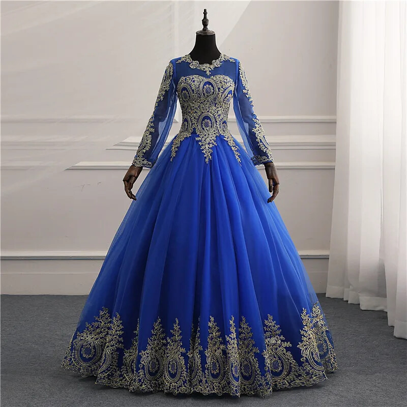 Muslim Golden Wedding Dress Round Neck Long Sleeve Lace Decal Bridal Dress