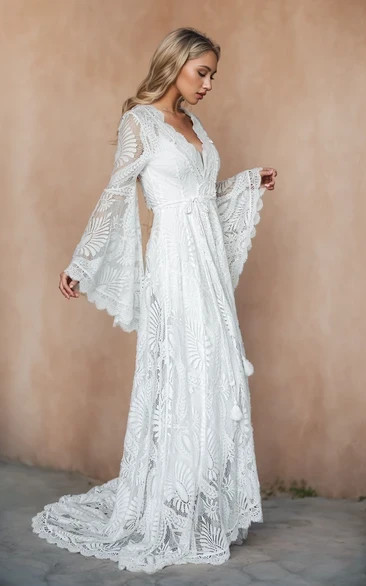 Summer Floral Beach A-Line Boho Lace Long Bell Sleeve Wedding Dress BRAND NEW