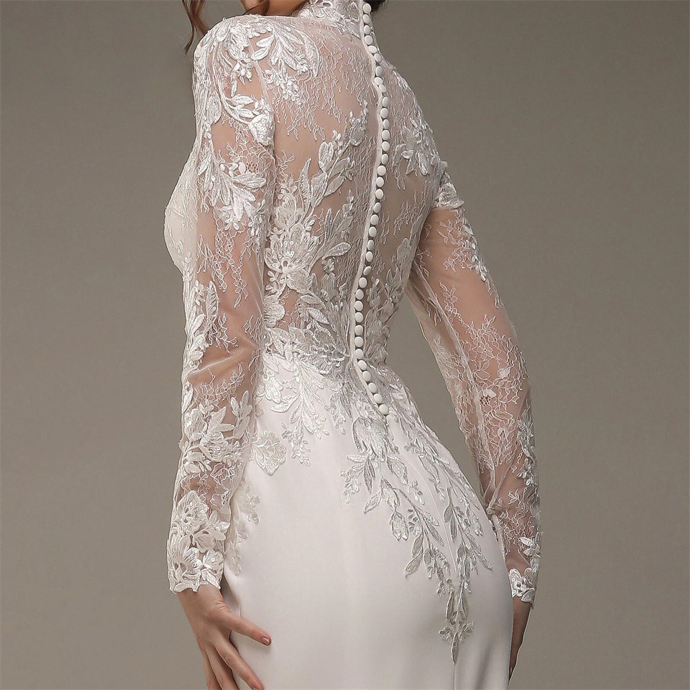 Elegant High Neck Long Sleeves Lace Applique Button Back Mermaid Wedding Dresses