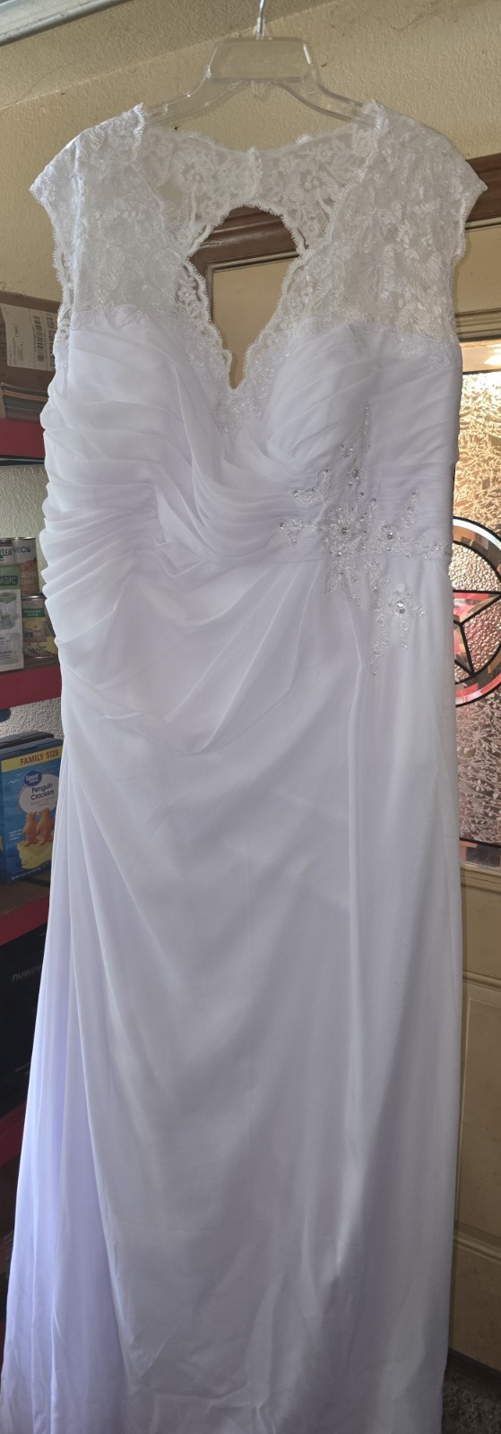 plus size White Chiffon A-Line Wedding Dress V Neck Lace Cap Sleeve Corset Back