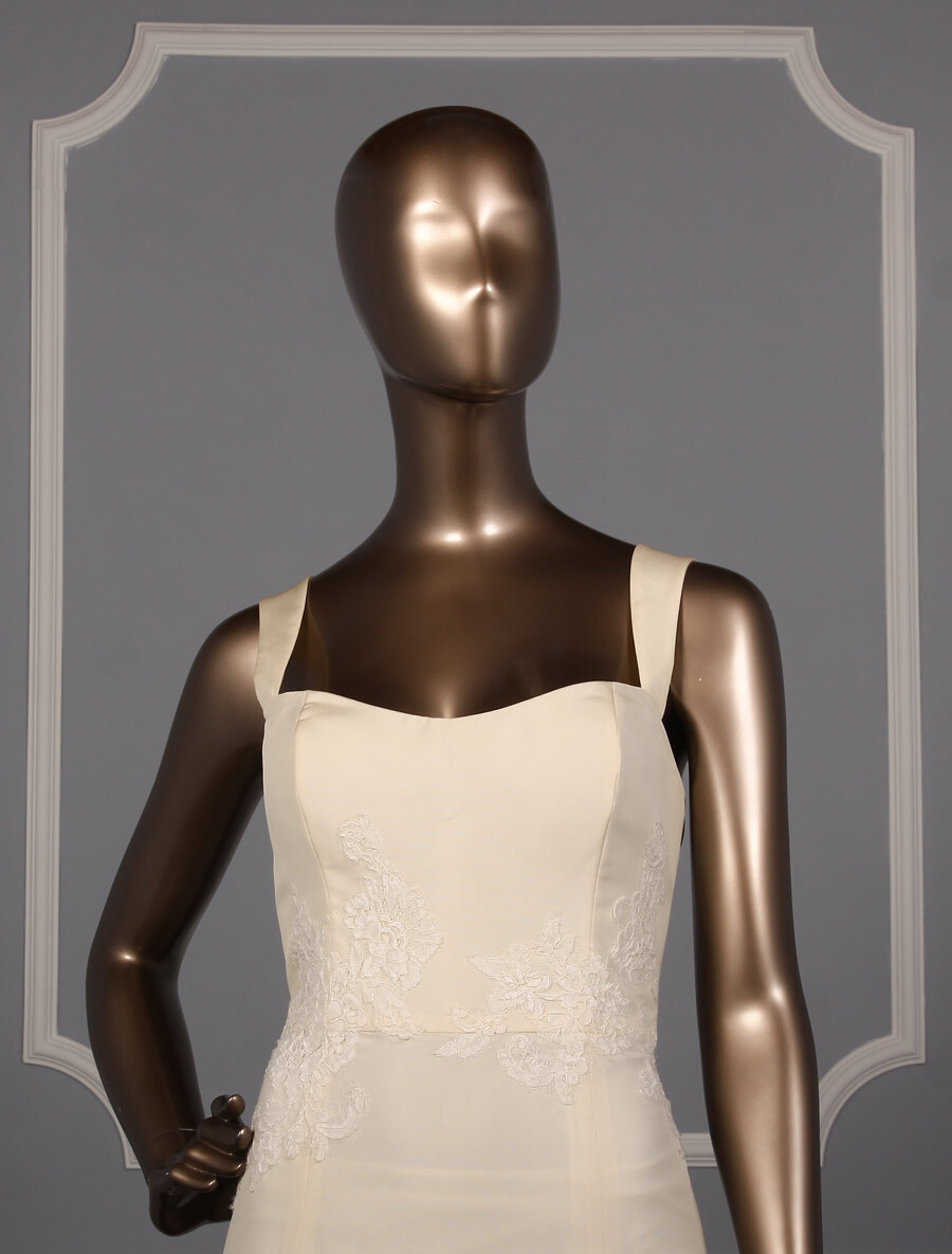 AMSALE Mave Ivory Fit Flare Silk Faille Lace Sleeveless Straps Wedding Dress 10