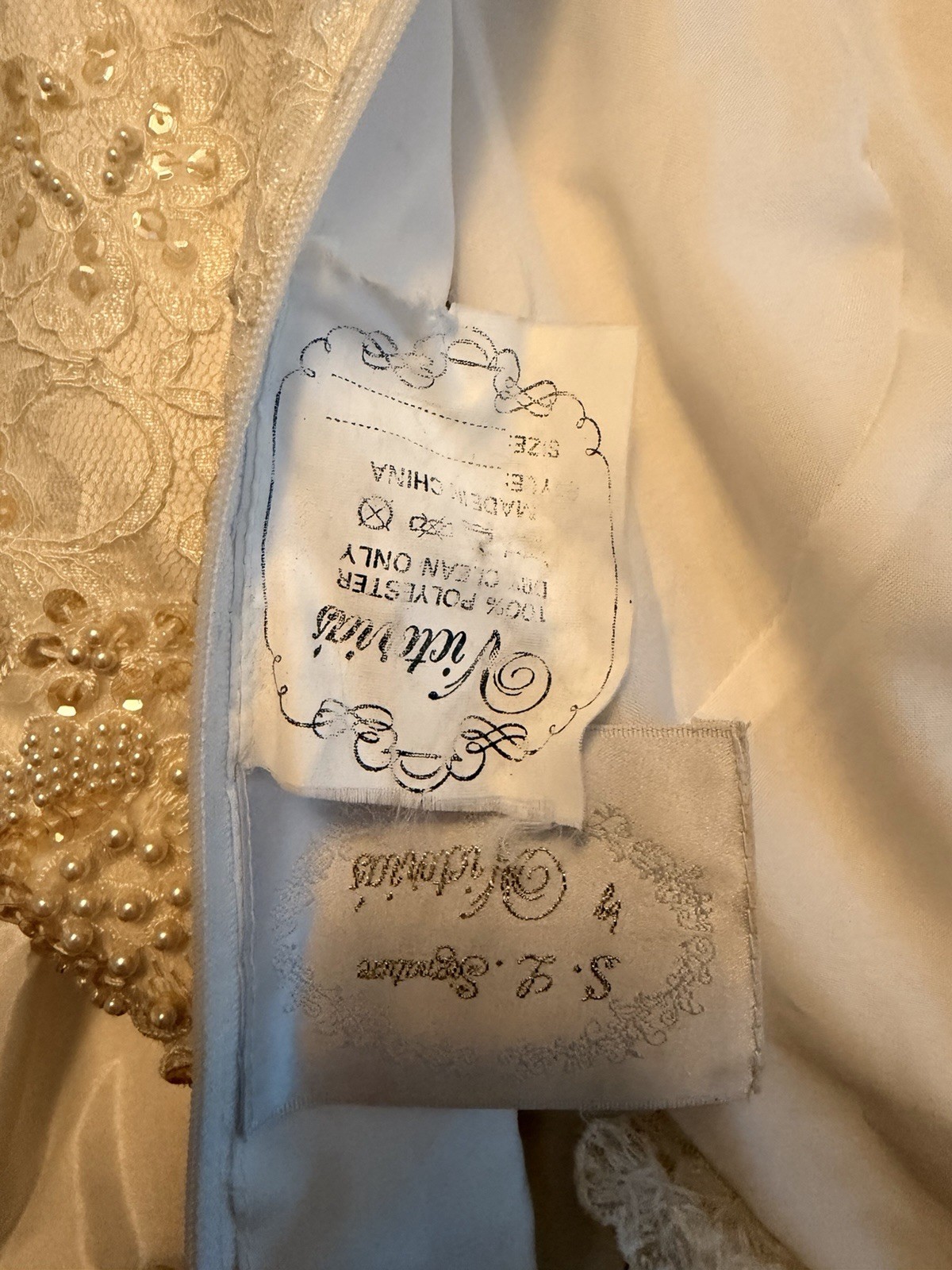 S.L. Fashions White Gold Beaded Embroidered Halter A-Line Wedding Dress Size