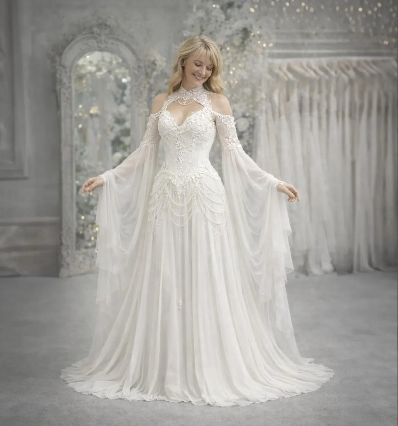 Gothic Fairy High Neck Lace Wedding Dress Cold Shoulder Flared Bell Sleeve