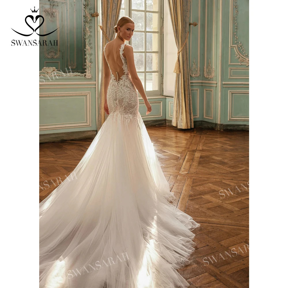 Sleeveless Mermaid WeddingDress Vneck Open Back AppliquesLace Princess BrideGown