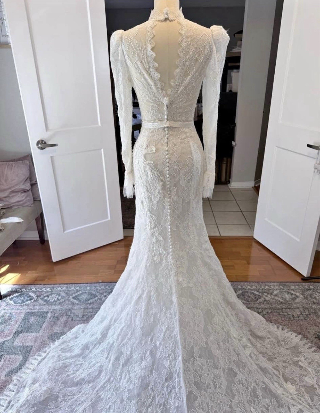 Rue de Seine Ivory Lace Long Sleeve High Neck Mermaid/Trumpet Train Button Back