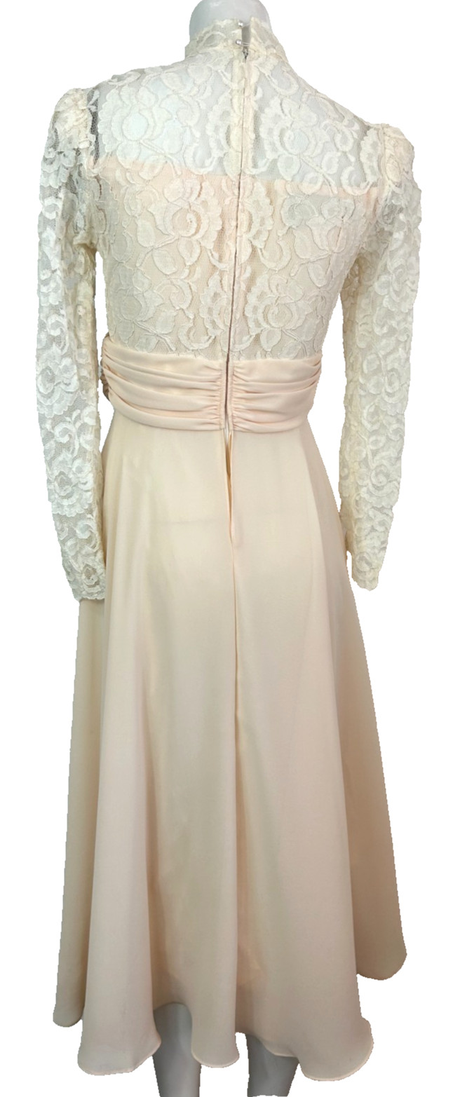 80s Ursula Switzerland Wedding Dress Size 4 Midi Peach Lace Top Chiffon VGUC