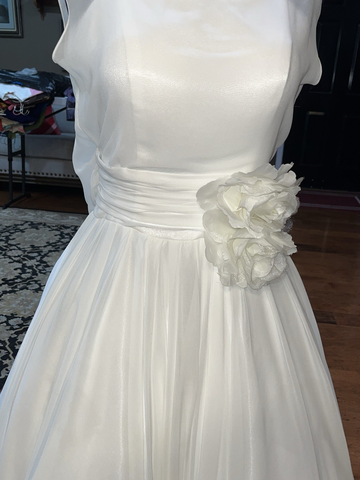 Vintage Ivory Tea Length Wedding Dress 5 Layers Tulle And Satin Long Sash WOW